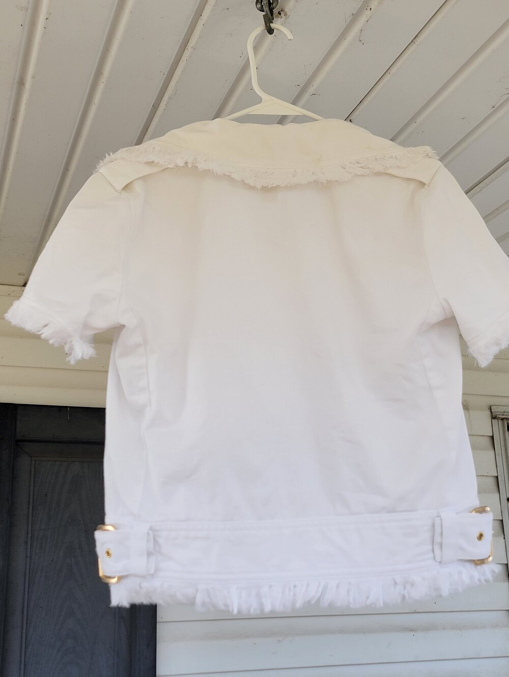 Michael Kors White Short-Sleeve Frayed Moto Denim Jacket Sz M MSRP $175.00 - Picture 7 of 11